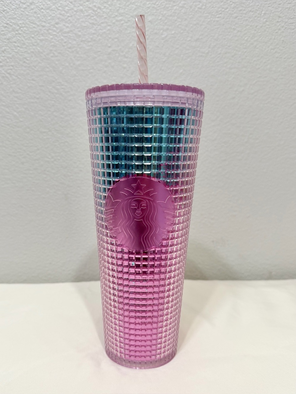 Starbucks Water Bottle Summer Pink Blue Grid Kaleidoscope Venti 24 oz Tumbler